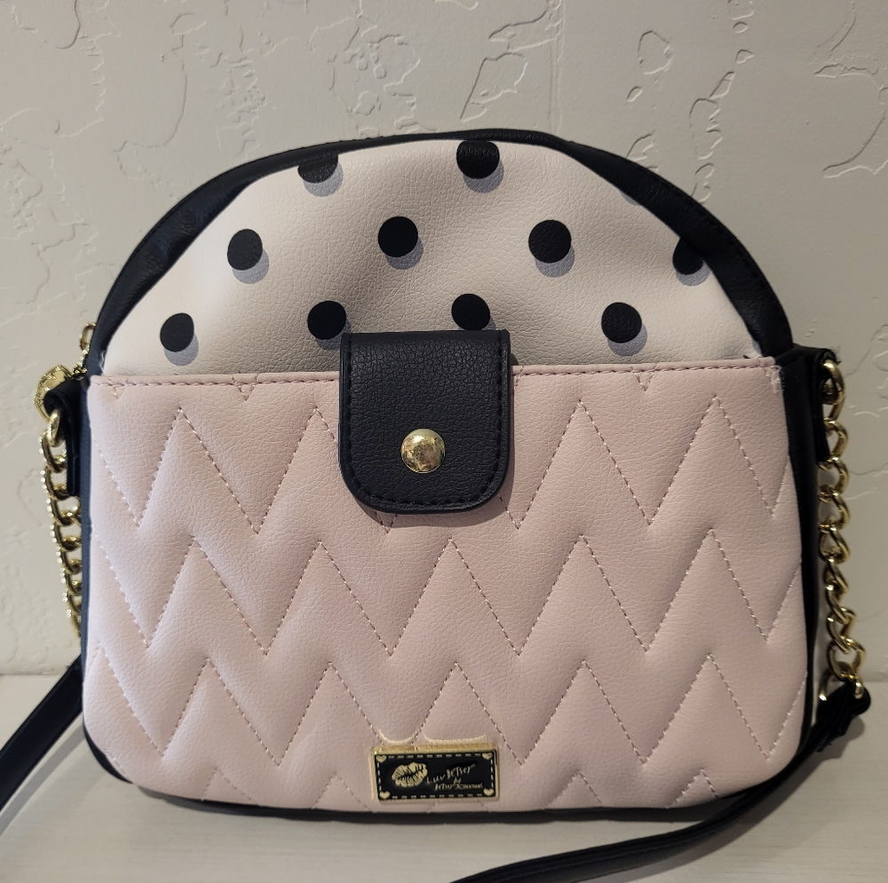 Betsey Johnson Pink Black Polka Dot Quilted Crossbody Bag
